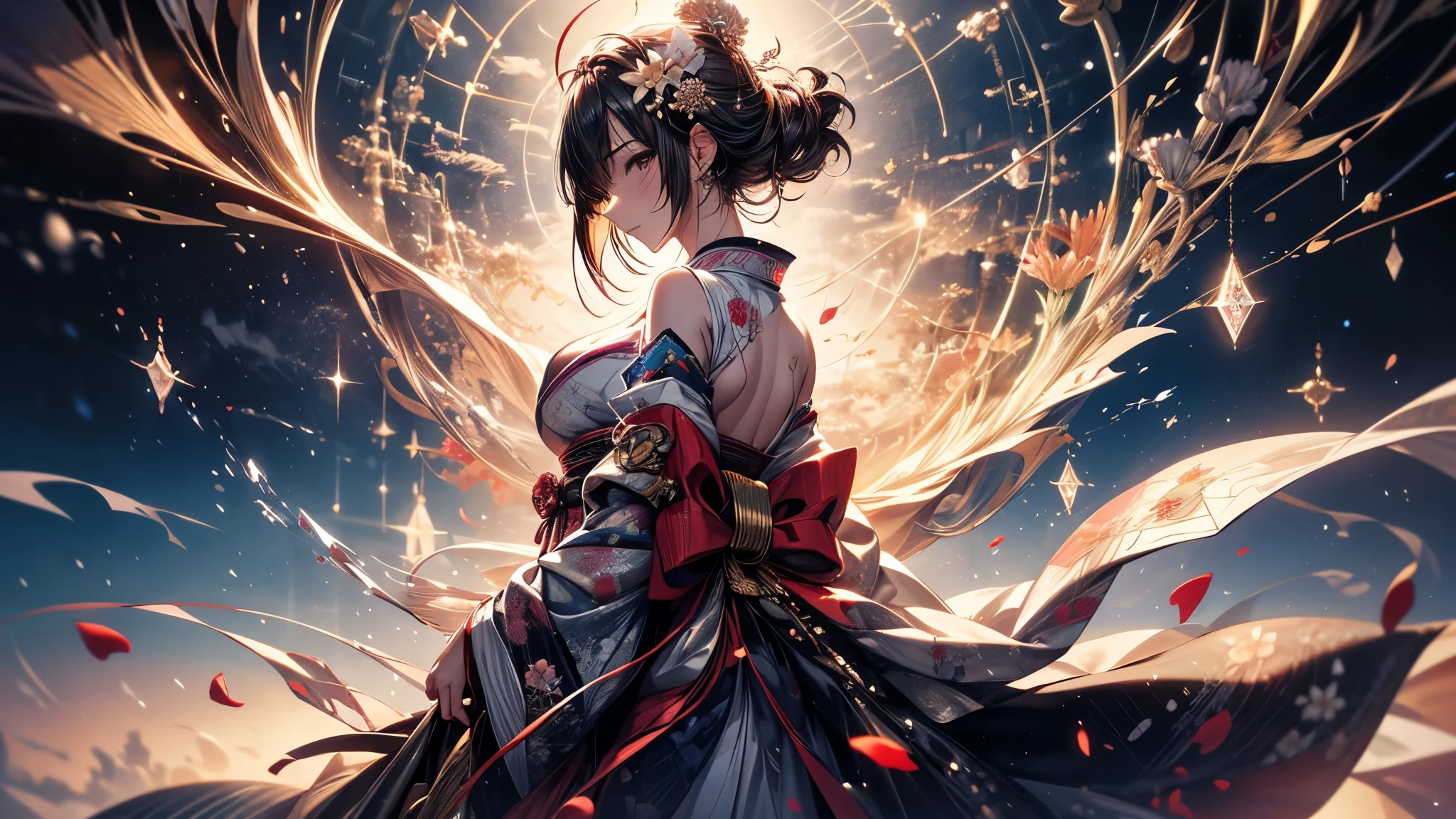 Ultra-delicate, Be focused, (high resolution), Deformed depth of field blurred background, Detailed background, Perfect layer cut, Atmospheric distance, artistic, (full-body shot/Cowboy shooting/Rear view/top view/top view), 8k, wallpaper, Shimmer, complicated, familiar, Black Mage, particle, constellation, Stardust, universe, ((flower)), Comfort and tranquility, peaceful, Japan, Himiko, kimono, With crystal, Fortune Telling, time and space, Octane Render,