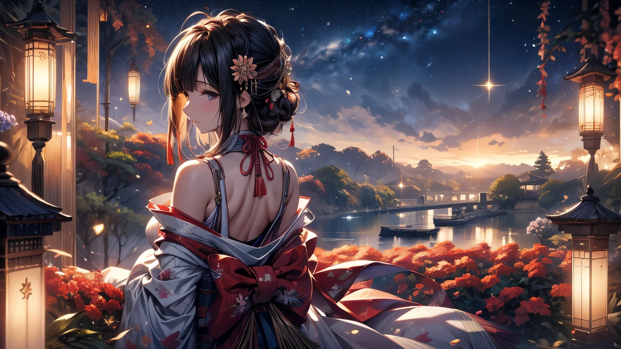 Ultra-delicate, Be focused, (high resolution), Deformed depth of field blurred background, Detailed background, Perfect layer cut, Atmospheric distance, artistic, (full-body shot/Cowboy shooting/Rear view/top view/top view), 8k, wallpaper, Shimmer, complicated, familiar, Black Mage, particle, constellation, Stardust, universe, ((flower)), Comfort and tranquility, peaceful, Japan, Himiko, kimono, With crystal, Fortune Telling, time and space, Octane Render,