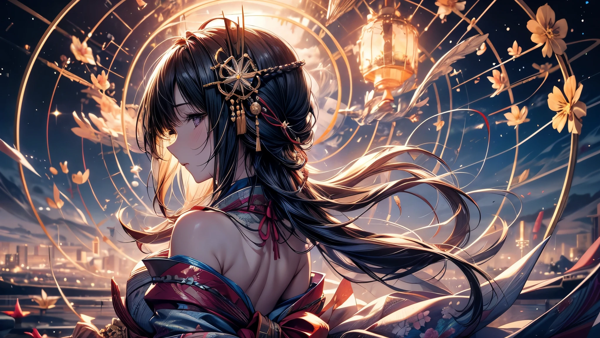  Ultra-delicate, Be focused, (high resolution), Deformed depth of field blurred background, Detailed background, Perfect layer cut, Atmospheric distance, artistic, (full-body shot/Cowboy shooting/Rear view/top view/top view), 8k, wallpaper, Shimmer, complicated, familiar, Black Mage, particle, constellation, Stardust, universe, ((flower)), Comfort and tranquility, peaceful, Japan, Himiko, kimono, With crystal, Fortune Telling, time and space, Octane Render,