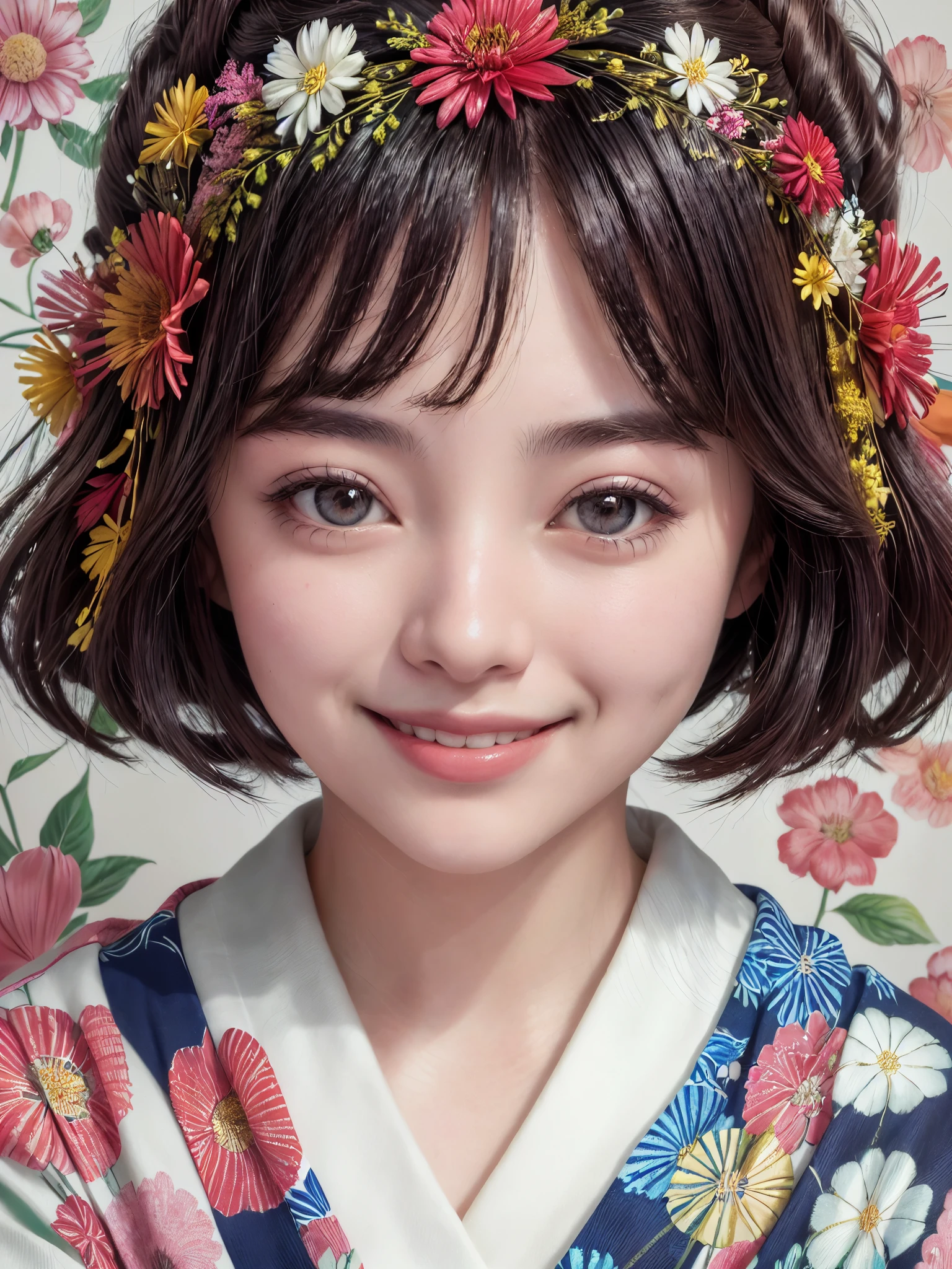 Retrato de uma mulher sorrindo, com um capacete florido e uma borla vermelha, Retrato de uma garota japonesa sorindo, inspirado em Ito Shinsui, inspirado em Riusuke Fukahori, inspirado em Nara Yoshitomo, retrato de gueixa sorrindo, inspirado em Margaret Keane, Retrato de uma gueixa sorrindo, portrait of a smiling Japanese teenager, ultrarealista, 4k, fotorrealismo