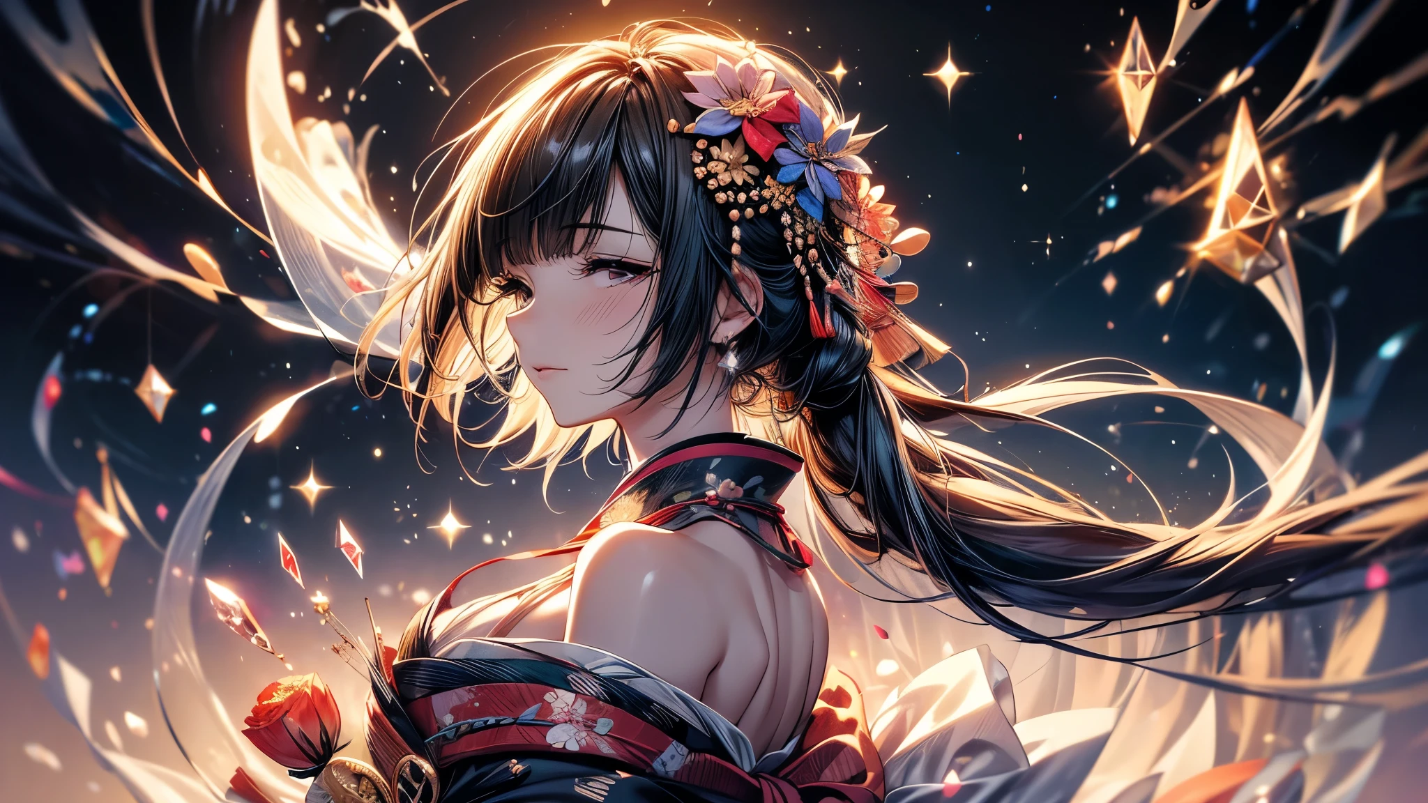  Ultra-delicate, Be focused, (high resolution), Deformed depth of field blurred background, Detailed background, Perfect layer cut, Atmospheric distance, artistic, (full-body shot/Cowboy shooting/Rear view/top view/top view), 8k, wallpaper, Shimmer, complicated, familiar, Black Mage, particle, constellation, Stardust, universe, ((flower)), Comfort and tranquility, peaceful, Japan, Himiko, kimono, With crystal, Fortune Telling, time and space, Octane Render,