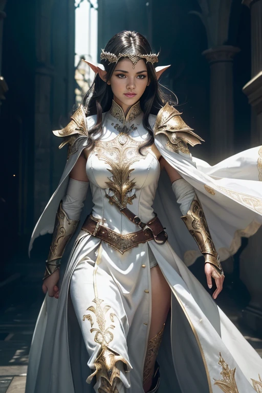(master piece:1.5), (best quality:1.5), (exquisite lighting and shadow, highly dramatic picture, cinematic lens effect) (Photorealistic picture) highly detailed, realistic, cinematic lighting, studio quality, 8k, wallpaper, dynamic pose, anatomy correct, epic fantasy digital art, Epic composition, full body thin black hair pale white skin female elf wizard wearing a light yellow leather armor, shiny white intricate elaborated tunic with leaf accents, brown leather gauntlets, no helmet, long white cape, white castle at the distance, cute face