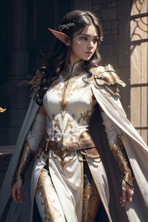 (master piece:1.5), (best quality:1.5), (exquisite lighting and shadow, highly dramatic picture, cinematic lens effect) (Photorealistic picture) highly detailed, realistic, cinematic lighting, studio quality, 8k, wallpaper, dynamic pose, anatomy correct, epic fantasy digital art, Epic composition, full body thin black hair pale white skin female elf wizard wearing a light yellow leather armor, shiny white intricate elaborated tunic with leaf accents, brown leather gauntlets, no helmet, long white cape, white castle at the distance, cute face