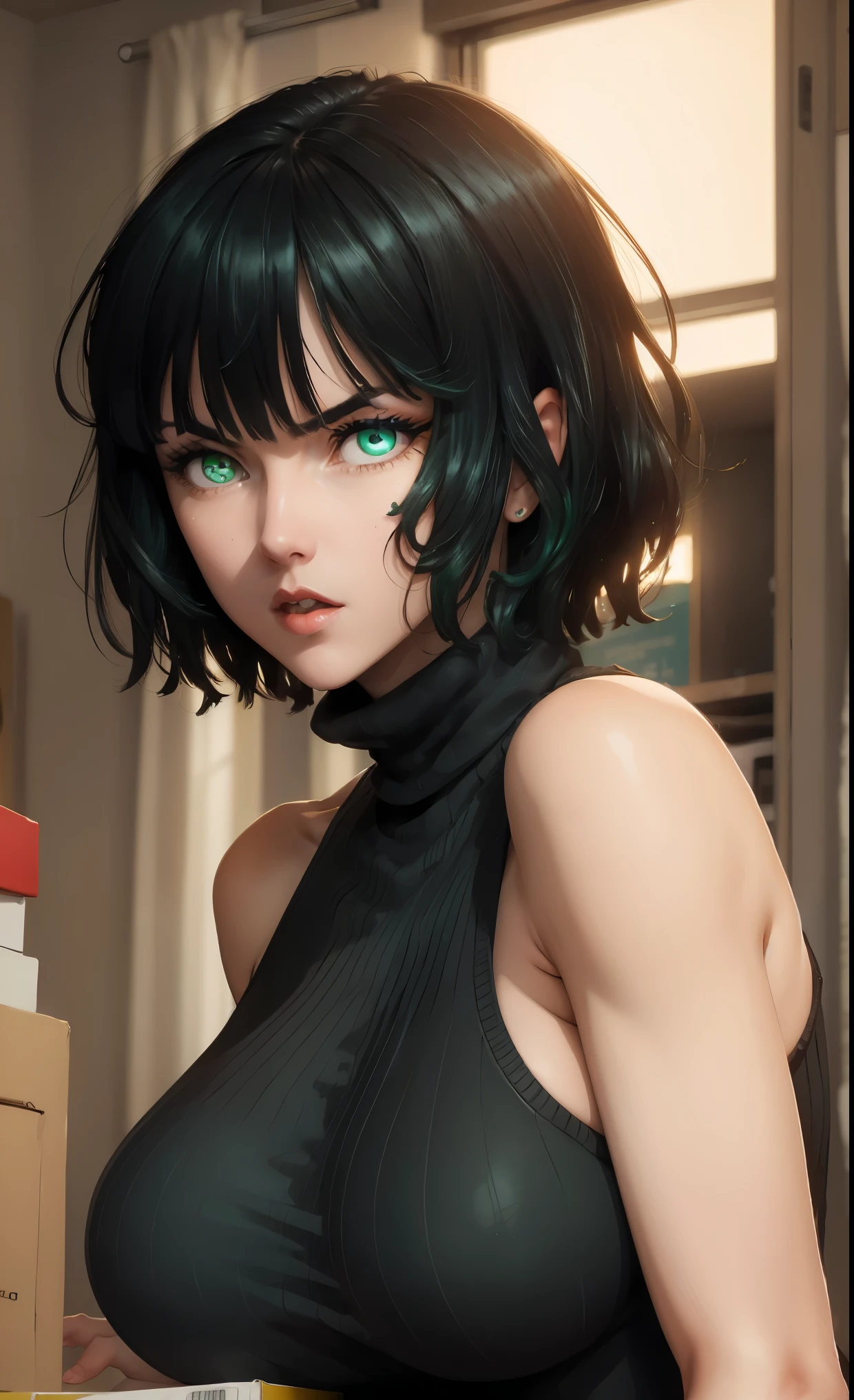 green eyes, (green color hair:1.2),By bang,short hair,
BREAK (sweater dress, virgin killer sweater, clothing cutout, turtleneck, sleeveless, bare arms:1.2),
BREAK captivating posture,inside in room,peeking out upper body,Be red in the face,irritated expresion,Shut your mouth,(8K:1.1),((perfect curve hip, ass)), emphasize ass, ass highlighted
BREAK (masterpiece:1.2), best quality, high resolution, unity 8k wallpaper,NSFW ,(illustration:0.8), (beautiful detailed eyes:1.6), extremely detailed face, perfect lighting, extremely detailed CG, (perfect hands, perfect anatomy),