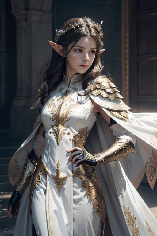 (master piece:1.5), (best quality:1.5), (exquisite lighting and shadow, highly dramatic picture, cinematic lens effect) (Photorealistic picture) highly detailed, realistic, cinematic lighting, studio quality, 8k, wallpaper, dynamic pose, anatomy correct, epic fantasy digital art, Epic composition, full body thin black hair pale white skin female elf wizard wearing a light yellow leather armor, shiny white intricate elaborated tunic with leaf accents, brown leather gauntlets, no helmet, long white cape, white castle at the distance, cute face