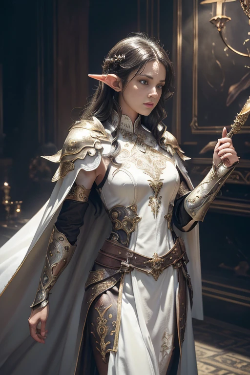 (master piece:1.5), (best quality:1.5), (exquisite lighting and shadow, highly dramatic picture, cinematic lens effect) (Photorealistic picture) highly detailed, realistic, cinematic lighting, studio quality, 8k, wallpaper, dynamic pose, anatomy correct, epic fantasy digital art, Epic composition, full body thin black hair pale white skin female elf wizard wearing a light yellow leather armor, shiny white intricate elaborated tunic with leaf accents, brown leather gauntlets, no helmet, long white cape, white castle at the distance, cute face