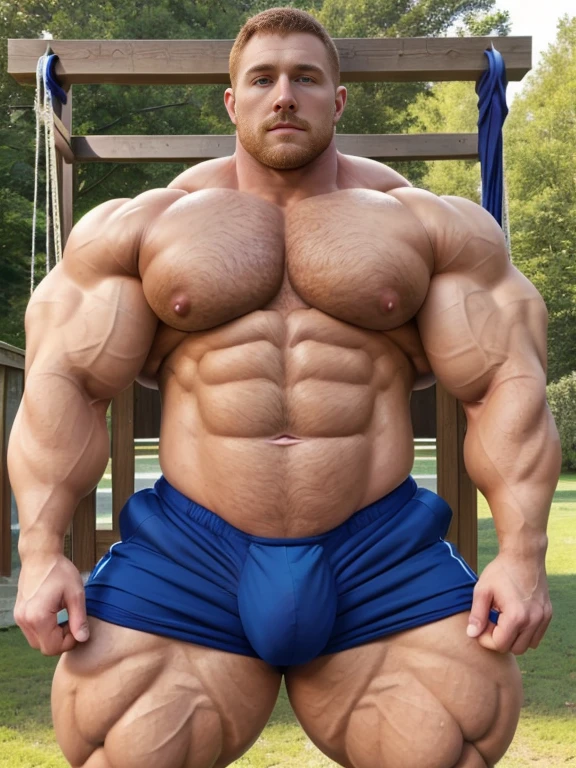 (1boy), (soft smile), tan skin, (natural daylight:1.3), (muscular:1.7), (defined muscles:1.5), (beautiful:1.5), (handsome:1.4), (gorgeous:1.3), (ginger:1.0), flexed chest, white jockstrap, bowtie, (good face:1.5), (male model:1.3), beefy, bulky, Face of Josh Hutcherson on a matured man with a beard, rugged, hairy, (strained muscles:1.3), Big muscular man with blue eyes and extremely defined vascular muscles, perfect six pack, (big package bulge:1.5), (hung:1.9), lean but ripped, big daddy, ginger, park background