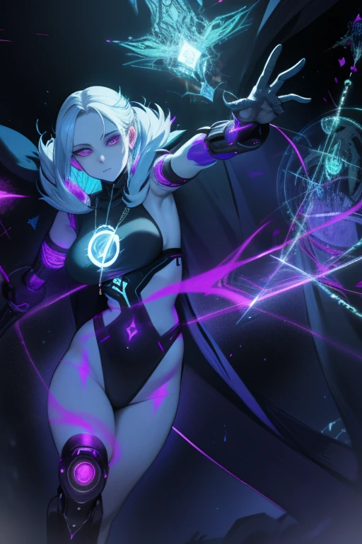 depicts a modern-day witch who has embraced the world of cybernetics to enhance her magical abilities. The artwork should convey the enchanting blend of traditional witchcraft and futuristic technology. Here are some specific elements to include: The Witch's Lair: The setting should be a cozy yet slightly eerie room, filled with magical books, crystal balls, potion ingredients, and antique furnishings. The room should be dimly lit by candles and a soft, mystical glow emanating from her cybernetic enhancements. The Cyborg Witch: The central focus of the artwork is the witch herself. She's a striking figure with a mix of traditional witch attire and cybernetic enhancements. Her clothing should have a witchy, occult aesthetic, with flowing robes, a pointed hat, and an intricate pentagram necklace. Her arms, however, have been upgraded with cybernetic components that incorporate magical symbols and glowing runes. Magical Interface: The witch is in the midst of casting a spell, with a holographic, touch-screen interface floating before her. This interface includes spell incantations, arcane symbols, and digital components, demonstrating her fusion of magic and technology. Spell Ingredients: On a nearby table, there should be a collection of spell ingredients, like herbs, potions, and magical artifacts. Some of these items may have been modified with cybernetic enhancements, blurring the line between the natural and the technological. Familiar: The witch's familiar, perhaps a cat or raven, should be present in the scene, serving as her magical companion. The familiar could also have subtle cybernetic enhancements or glowing eyes. Glowing Runes: The room should be adorned with ancient symbols and glowing runes on the walls and floor, contributing to the magical atmosphere. Aetherial Lighting: Use a combination of mystical, ethereal lighting and cybernetic glows to create a captivating interplay of light and shadow. The contrast between the tradit