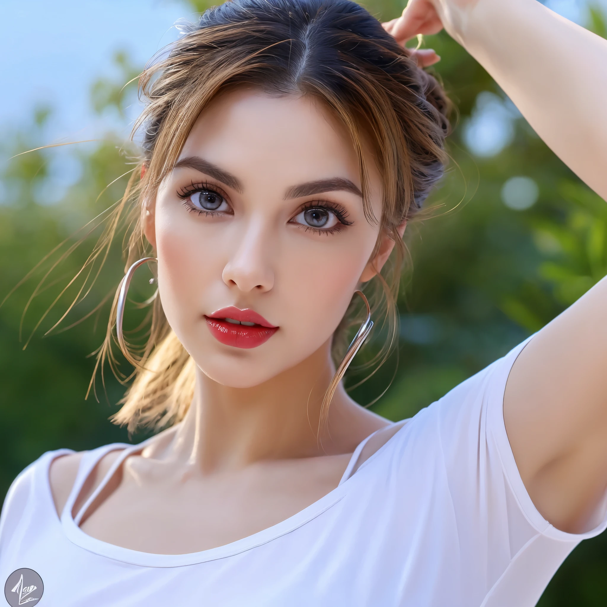 20k realistic photography, masterpiece, weather news anchor, latin woman blue eyes, symmetrical face well lit thick red lips, eyebrows well marked and srqueadas thin nose, oval face, large eyelashes, abundant and sensual makeup, sensual look, seductive look, wearing short t-shirt, , seductive look, fitness body, in the style of the soft color palette aurorapunk very sexy hot woman, hot, hidden arms, very large breasts implants, very narrow waist, flat abdomen, hard and strong raised breasts, glycerin augmentation lips, enhanced lips, swollen lips, inconspicuous camouflaged hands