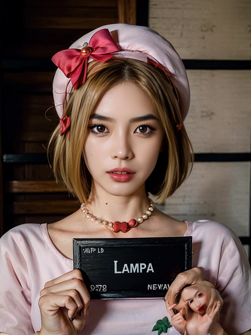 (1 lady), The beautiful, (Best quality at best:1.4), (ultra - detailed), (extremely detailed CG unified 16k), gold blonde hair, very detailed, High-definition RAW color photo, professional photoshooting, amazing face and eyes, cosmetics, (amazingly beautiful girl), ((lambdadelta, tall woman, taller)), ((dress, red bow, pink hat, necklace, gloves, pearl, pumpkin brooch, pink dress)), standing, sexyposture,(look from down), realistic cinematic face, photorealistic, ((realistic natural blonde hair style, honey eyes)), gorgeous, extremely beautiful face, perfect model beauty, pout mouth, flirting smile, cleavages, city girl, (masterpiece), best quality, high resolution, extremely detailed, blurred background, depth of field, cinematic lighting, clear and well-cared skin, concept_barbie_mugshot_ownwaifu, holding, barbie_mugshot_(meme), drop_shadow, height_mark, height_chart, nameplate, holding sign, letterboxed, looking at viewer, mugshot, open mouth, solo, upper body, english text,