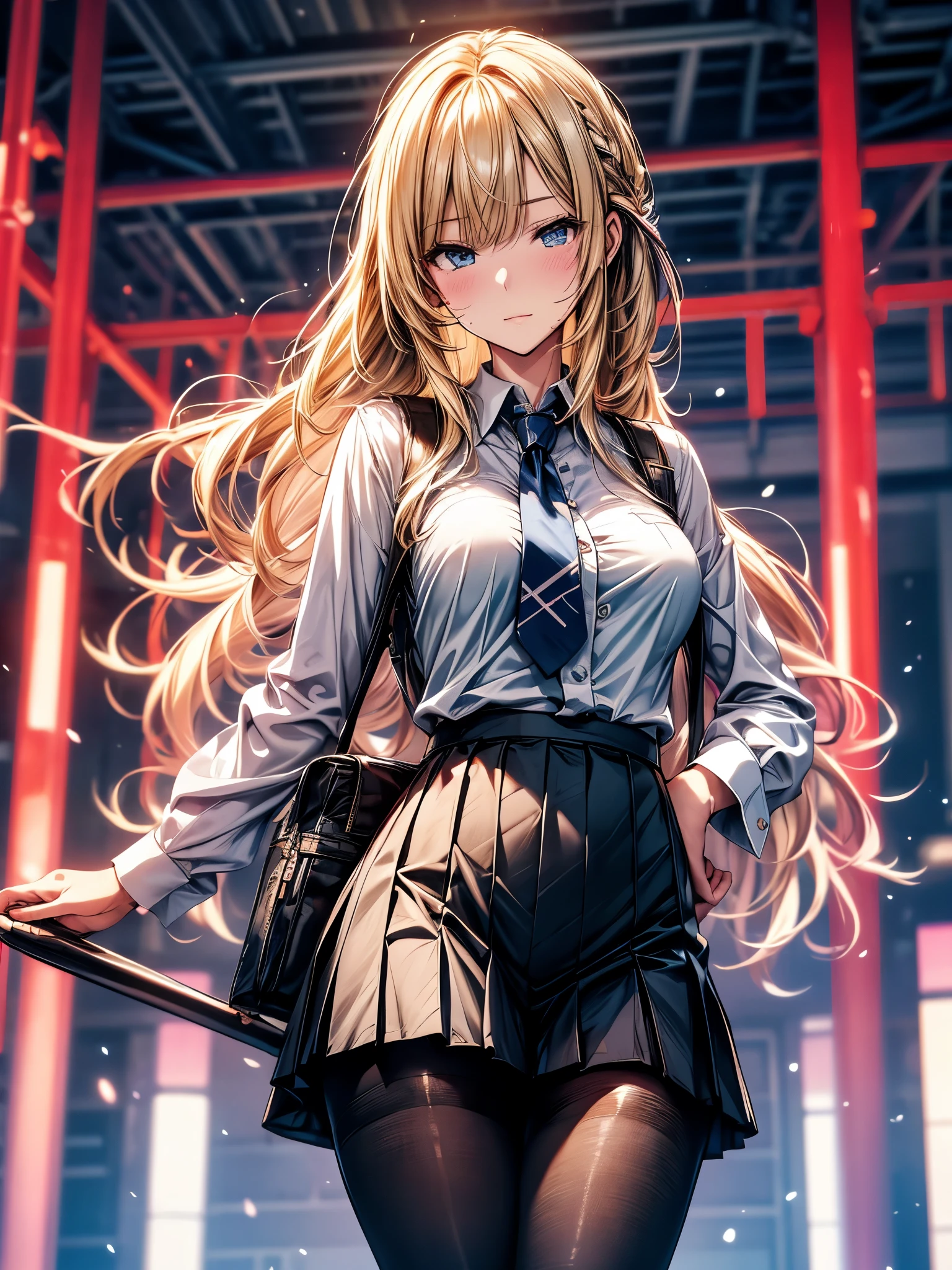 akizuki airi. Ghost chicken, masterpiece, best quality, Ultra Detailed, illustration, Flat Color, Depth of Field, , , 1 girl, young, Japanese cartoons, go home, full length, Blonde, Double tail, Looking at the audience, Red pleated mini skirt, Wet White Button-Down Shirt, Uniforms, Setofuku, Blue tie, No, Black pantyhose, Small backpack, Delicate leather texture, Fine fabric texture, Beautiful and delicate face, Large Breasts, blue eyes, tired, A faint smile, pink