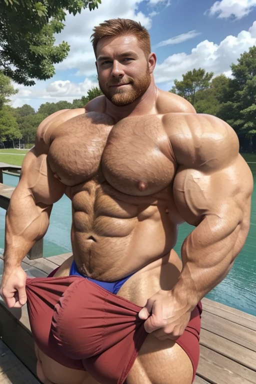 (1boy), (soft smile), tan skin, (muscular:1.7), (defined muscles:1.5), (beautiful:1.5), (handsome:1.4), (gorgeous:1.3), (ginger:1.3), flexed chest, white jockstrap, bowtie, (good face:1.5), (male model:1.3), beefy, bulky, matured man with a beard, rugged, hairy, strained muscles, Big muscular man with blue eyes and extremely defined vascular muscles, perfect six pack, (big package bulge:1.5), (hung:1.9), lean but ripped, big daddy, park background, naturalistic body, crossing arms, laying on deck chair