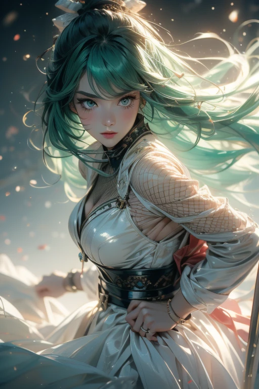 (butt), (bedroom), (Sexy Girls), masterpiece, best quality, 1 Girl, Bangs, blush, breast, clavicle, Ear piercing, Eyebrows visible through hair, (Gradient green hair), jewelry, Long hair, Looking at the audience, Bright Eyes, ring, (Solitary), illustration, fashionable, Miss, Strike a pose, background, element, confident, Express, Accessories, majestic, striking, Key Points, Dynamic poses, ((Skinny)), (Fishnet socks))