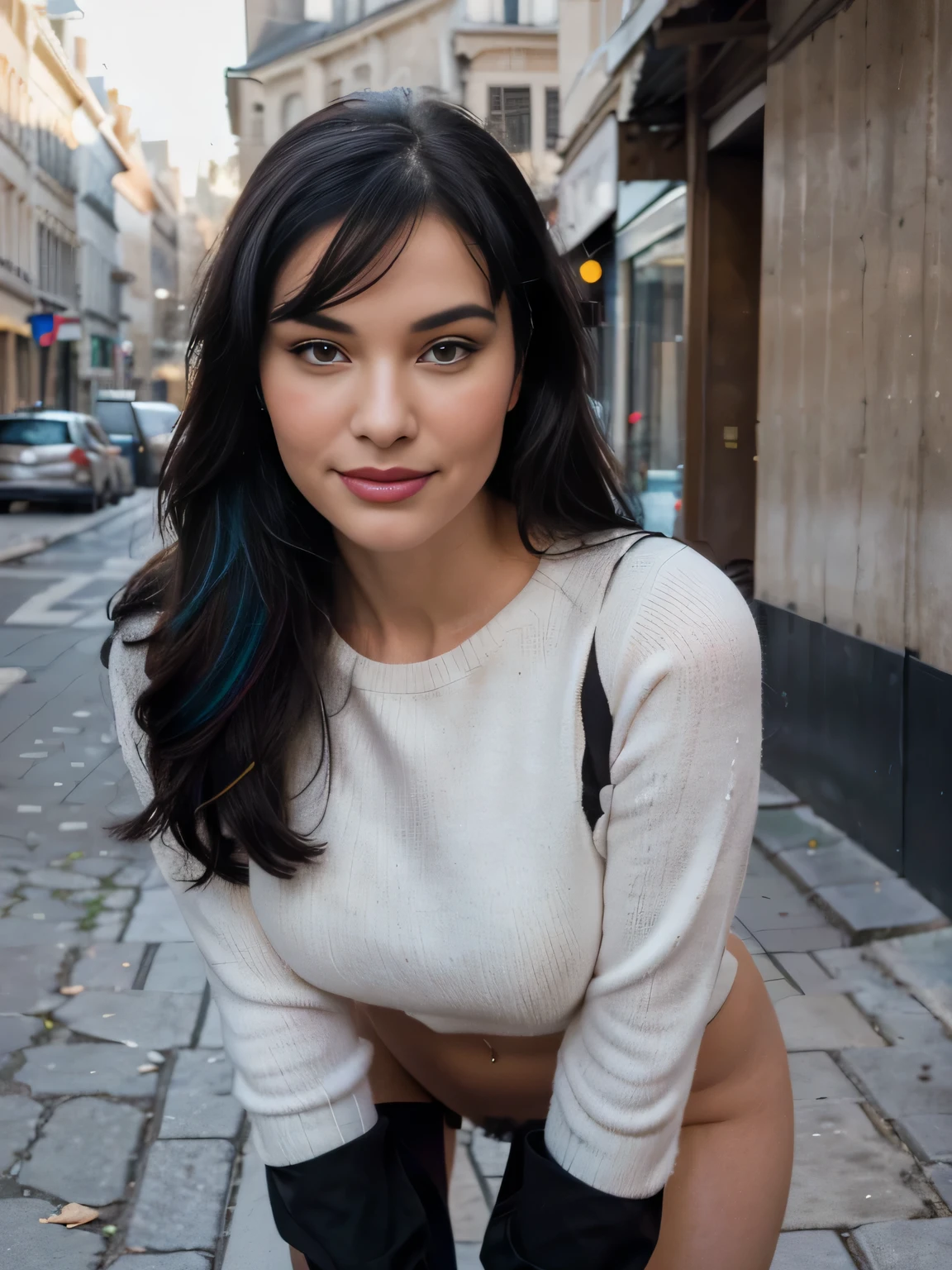 proFessional portrait photograph oF a gorgeous smiling  with the camera Bettie page in winter clothing with long wavy black ponytail hair, sultry Flirty look, gorgeous symmetrical Face, joli maquillage naturel, wearing black gloves and a elegant warm winter Fashion clothing, ((debout dehors dans une rue enneigée de la ville)), superbe environnement urbain moderne, ultra realistic, art conceptuel, elegant, Very detailed, complexe, sharp Focus, depth oF Field, F/1. 8, 85mm, Coup moyen, midplane, (((proFessionally color graded))), bright soFt diFFused light, (volumetric Fog), tendance sur Instagram, hdr 4k, 8K