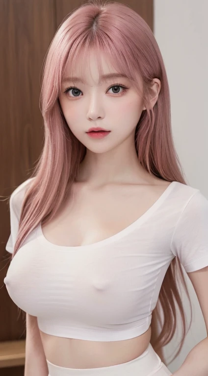 1 female, 18-year-old female、Pink Hair, Blunt bangs, Hair behind the ear, Hair that falls over the shoulders, Long Hair, Ultra Fine Face, Thin face, Delicate lips, (Beautiful Eyes:1.5), Lightly reddish, eyes are light brown,See this,Sexy pose、Huge breasts、 Ultra-fine needle, very thin fingers, The optimal ratio is four fingers to one thumb., (A thin, tight-fitting white T-shirt:1.5)、(The nipples are clearly visible:1.5)、(No bra:1.5)、Tabletop、First Person View, 8k, Super Detail, high quality, 最high quality, High resolution,