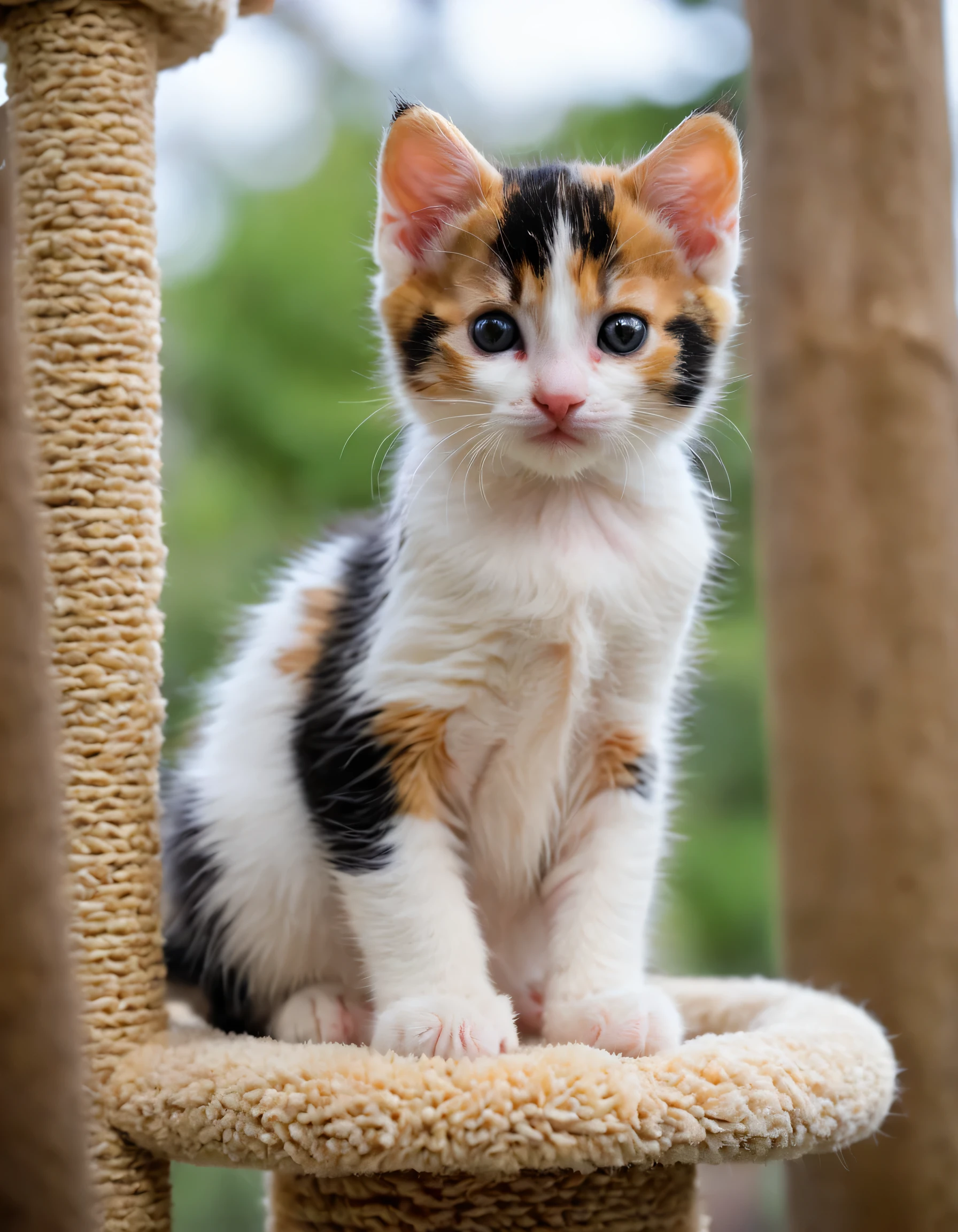 there is a small kitten sitting on a cat tree looking at the camera, a picture by Romano Vio, flickr, renaissance, beautiful picture of stray, cute furry needs your help, calico cat, calico, an adorable kitten, miniature kitten, painfully adorable, cyborg kitten, beautiful female, the cutest kitten ever, beautiful angle, kitten puppy teddy mix, mixed animal, kitten