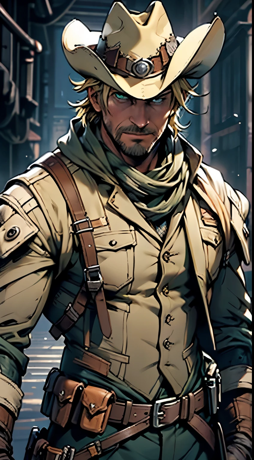 Adult male,blonde,Middle-aged man,Dressed in hunter outfit, masterpiece, high quality,Blank Background,Green eyes,A villain bloodborne,Bounty Hunter,Super Soldier,Wear a cowboy hat