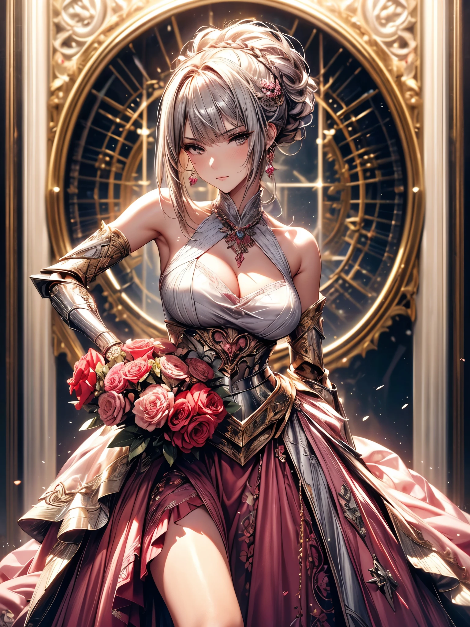 Miss, Serious, warrior, armor, elegant, Pink skirt, Noble, Silver, Long nails, Bare shoulders, hairstyle, hair, Braids and Ponytails, messy, arrogant, absurd, Detailed dress, royalties, celebration, Hall decorated with flowers, Cowboy shooting, portrait, (best quality), (masterpiece), (Very detailed), (4K), Octane Render