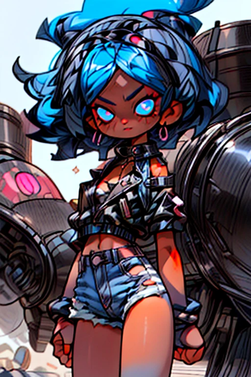 Demoness with black skin and blue hair and blueeyes, stands in the desert on the edge of an emptyroad along with a sign with the inscription " freedemoness", she is wearing a dark mended braand black and gray denim shorts, unbuttoned andwithout a belt