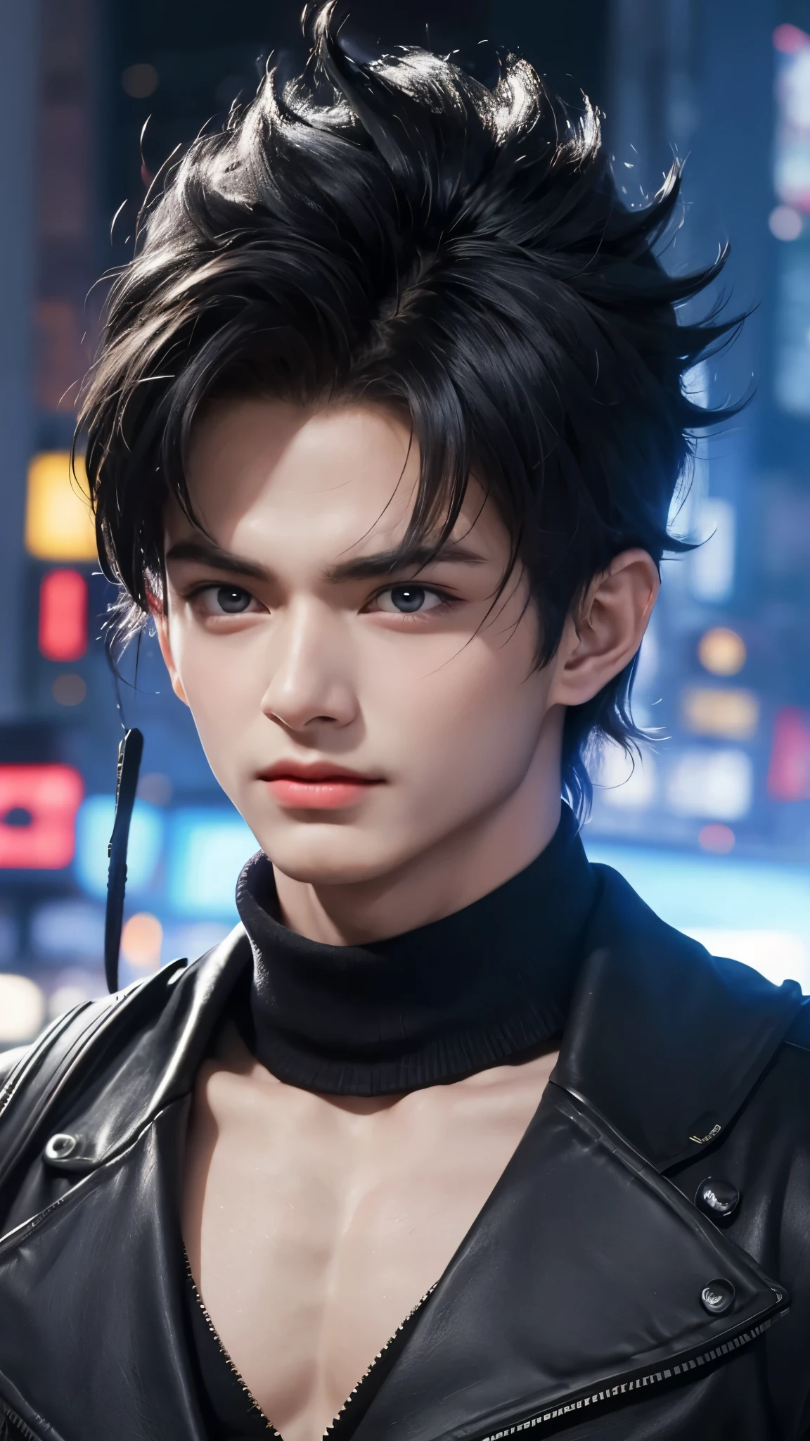 "A fusion of Gogeta and Vegeta like you've never seen before. This 17-year-old boy has a modern edge, with sleek black hair and fashionable clothing. His striking eyes and handsome face are complemented by a cool hairstyle and a confident expression. Against a backdrop of a bustling city, this artistic portrait is rendered in stunning detail using digital painting techniques, giving it a realistic and visually descriptive quality."