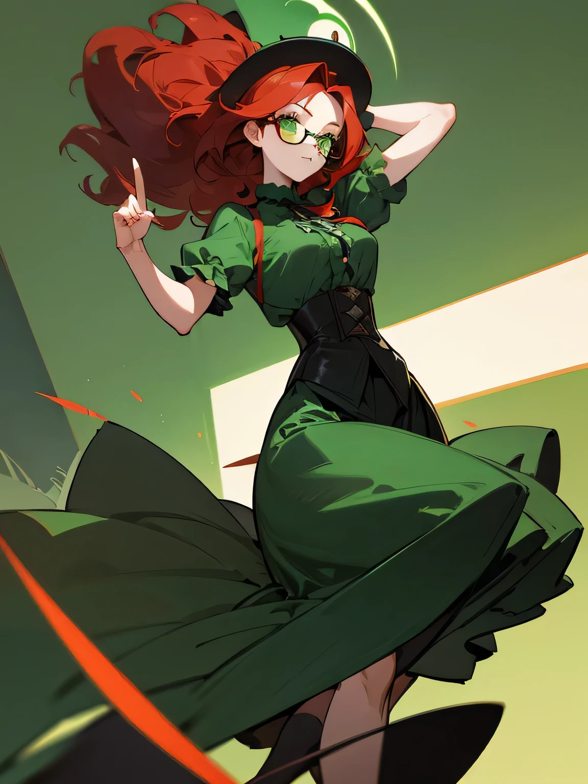 female character wavy red hair and green eyes with rectangle glasses wearing  black and green Victorian era based outfit but more modern short sleeves and up to knee skirt and a cartwheel hat