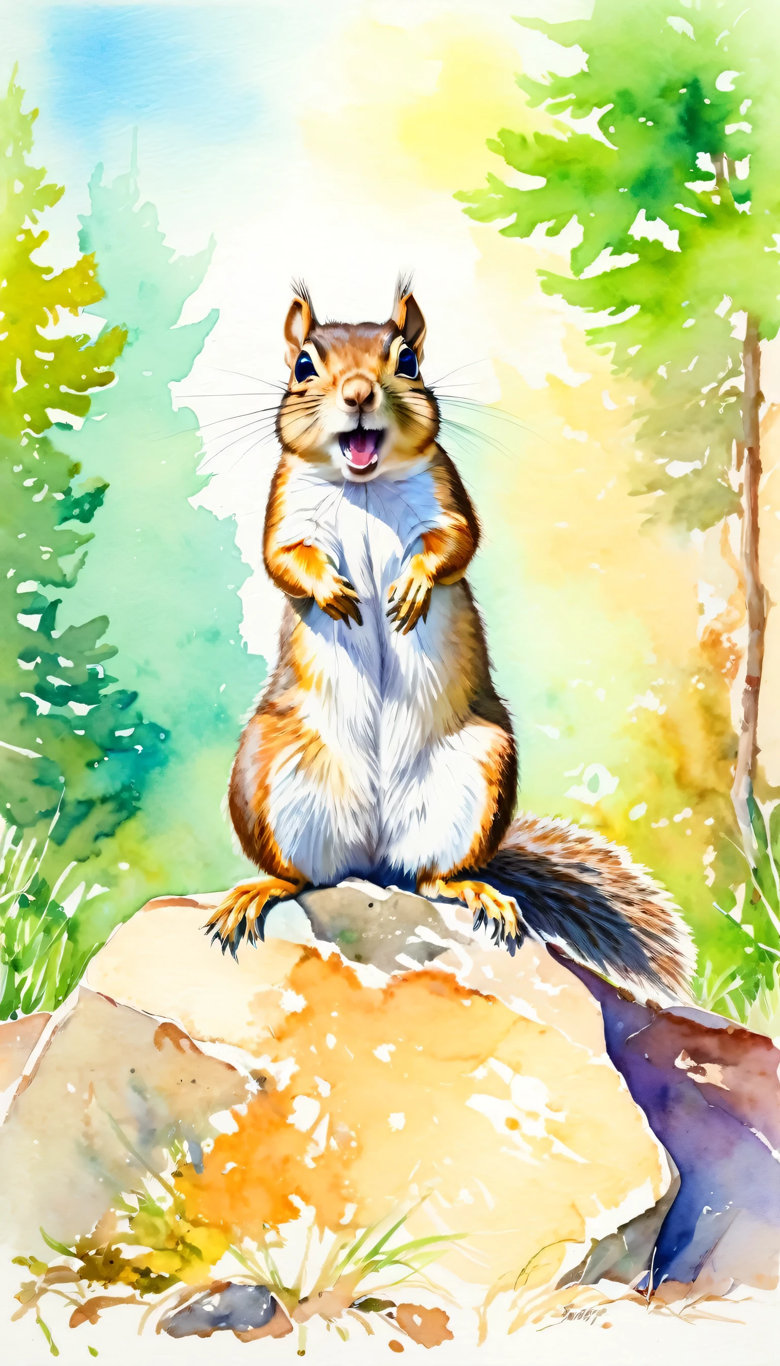 funny squirrel with his mouth full begging for food, looking at viwer, eyes wide open, perched on a rock outdoors, chipmunk, no_humans, animal_focus, animal, modern art, painting, drawing, watercolor, psychedelic colors