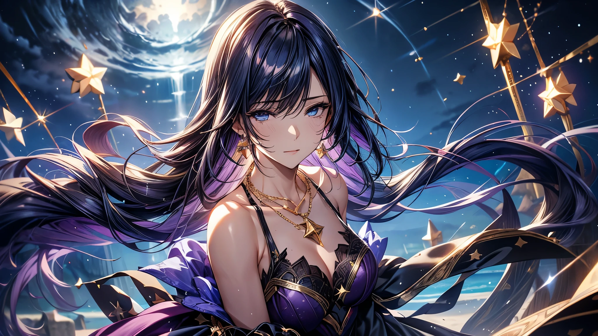 girl, Located in the corner, looking at the Sky, Solitary, Mona (Genshin Impact), Necklace, Hair between the eyes, Star (Symbolism), Long hair, Dark purple hair, Double tail, blue eyes, Shining eyes, jewelry, witch, maid, Bangs, Purple black dress, Purple skirt, White apron, landscape, night Sky, Star (Sky), Starry Sky, night, outdoor, cloud, reflection, water, magic, Tarot cards, water magic, ((beautiful golden crystal Star)), space, water droplets, splash, Octane Render
