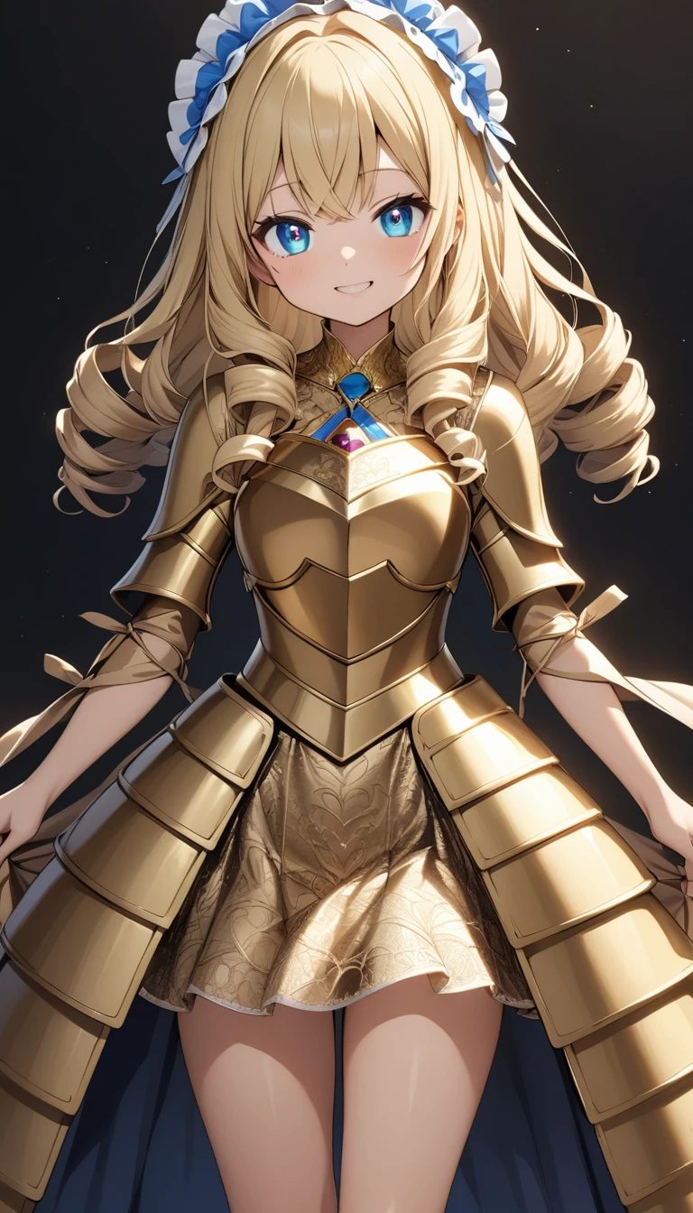 masterpiece, best quality, extremely detailed, high resolution, Japanese anime,1girl, blonde hair, (medium length hair:1.4), side braid hair, curly hair, wavy hair, drill hair, curl outward hair, (blue eyes:1.5), (beautiful detailed eyes:1.4), laugh, 12 -year-old , 145cm tall, original character, fantasy, (black background:1.2), full body, beautiful fingers, standing, (gold lace armor dress:1.5), (bejeweled headdress:1.5) , shoot from front, looking at viewer <lora:hairdetailer:1> <lora:eyecolle_rindou_v100:1>,,,,