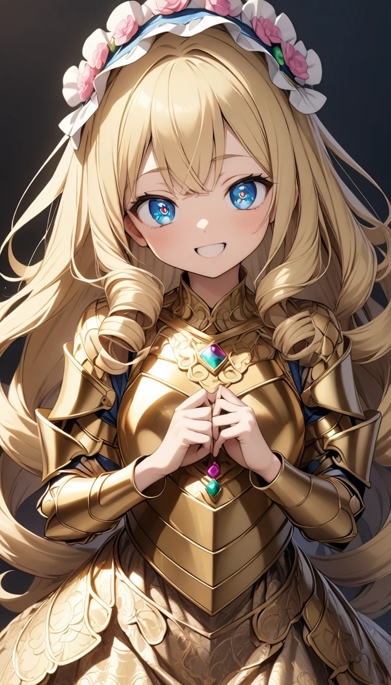 masterpiece, best quality, extremely detailed, high resolution, Japanese anime,1girl, blonde hair, (medium length hair:1.4), side braid hair, curly hair, wavy hair, drill hair, curl outward hair, (blue eyes:1.5), (beautiful detailed eyes:1.4), laugh, 12 -year-old , 145cm tall, original character, fantasy, (black background:1.2), full body, beautiful fingers, standing, (gold lace armor dress:1.5), (bejeweled headdress:1.5) , shoot from front, looking at viewer &lt;lora:hairdetailer:1&gt; &lt;lora:eyecolle_rindou_v100:1&gt;,,,,