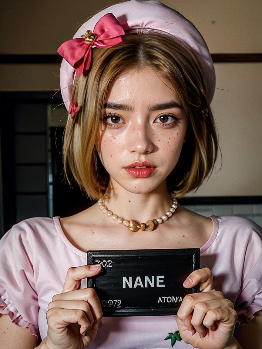 (1 lady), The beautiful, (Best quality at best:1.4), (ultra - detailed), (extremely detailed CG unified 16k), gold blonde hair, very detailed, High-definition RAW color photo, professional photoshooting, amazing face and eyes, cosmetics, (amazingly beautiful girl), ((lambdadelta, tall woman, taller)), ((dress, red bow, pink hat, necklace, gloves, pearl, pumpkin brooch, pink dress)), standing, sexyposture,(look from down), realistic cinematic face, photorealistic, ((realistic natural blonde hair style, honey eyes)), gorgeous, extremely beautiful face, perfect model beauty, pout mouth, crazy smile, burst laughing, cleavages, city girl, (masterpiece), best quality, high resolution, extremely detailed, blurred background, depth of field, cinematic lighting, clear and well-cared skin