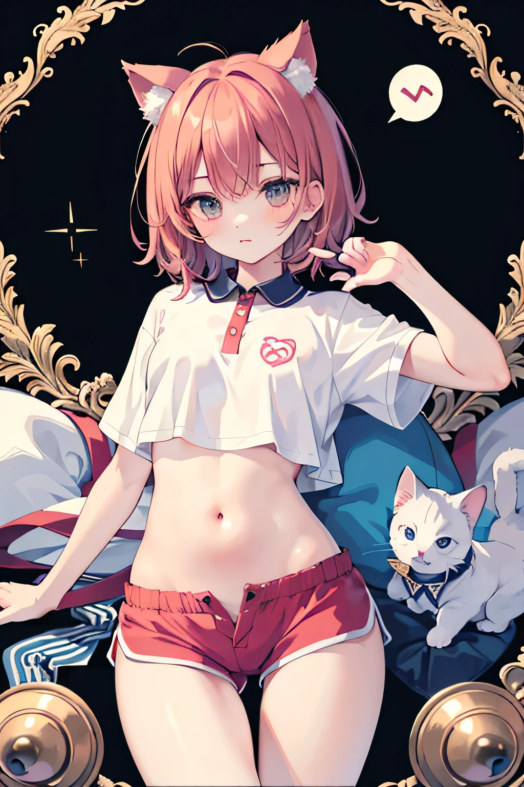 ((highest quality)), ((masterpiece)), (detailed), Perfect Face、Cat ear、Overhanging chest、Firm body、whole body、Character portrait、Sports Club、Short sleeve、Shorts、Shorts、Panty shot、Thighs、Belly button exposed、Curvaceous、Ass、sports