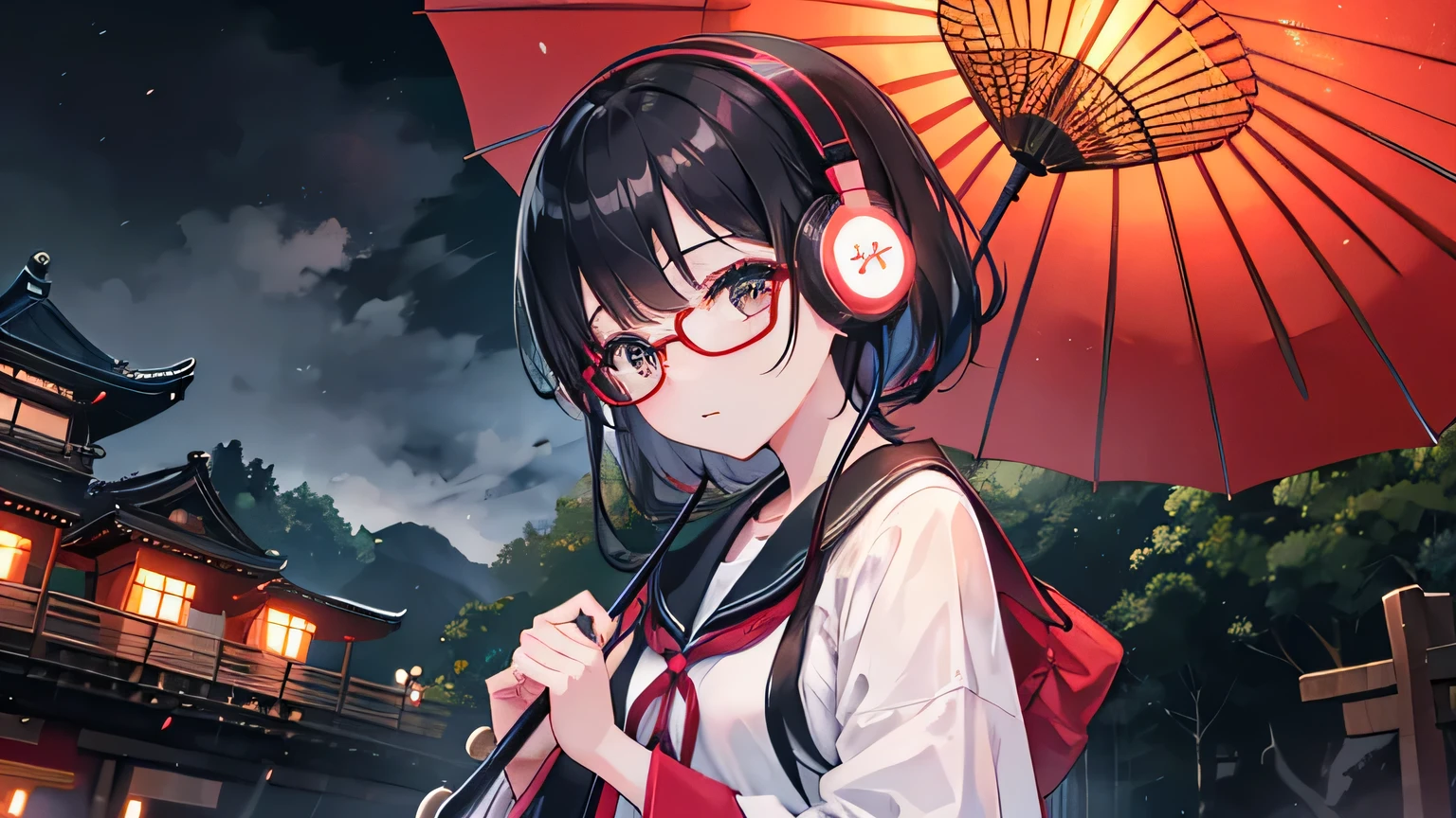 Kyoto at midnight、Heavy rain、Under an umbrella at the illuminated Kiyomizu-dera Temple、A high school girl wearing glasses enjoying music with headphones