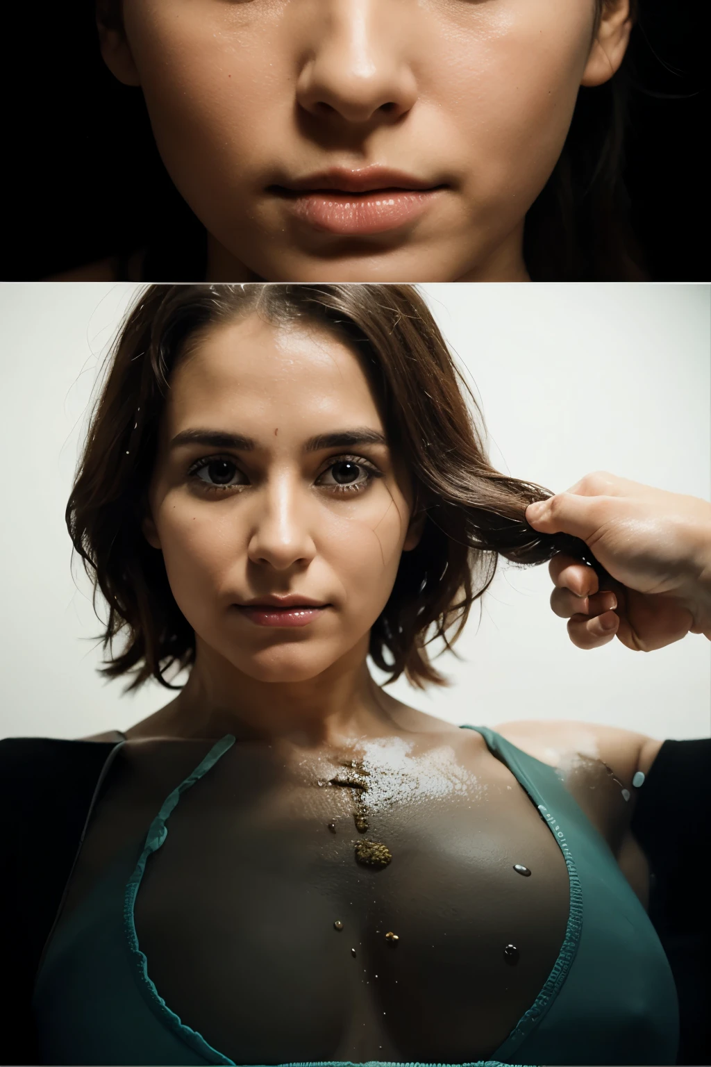 Create three sequential images of a 30-year-old woman transforming into bacteria.