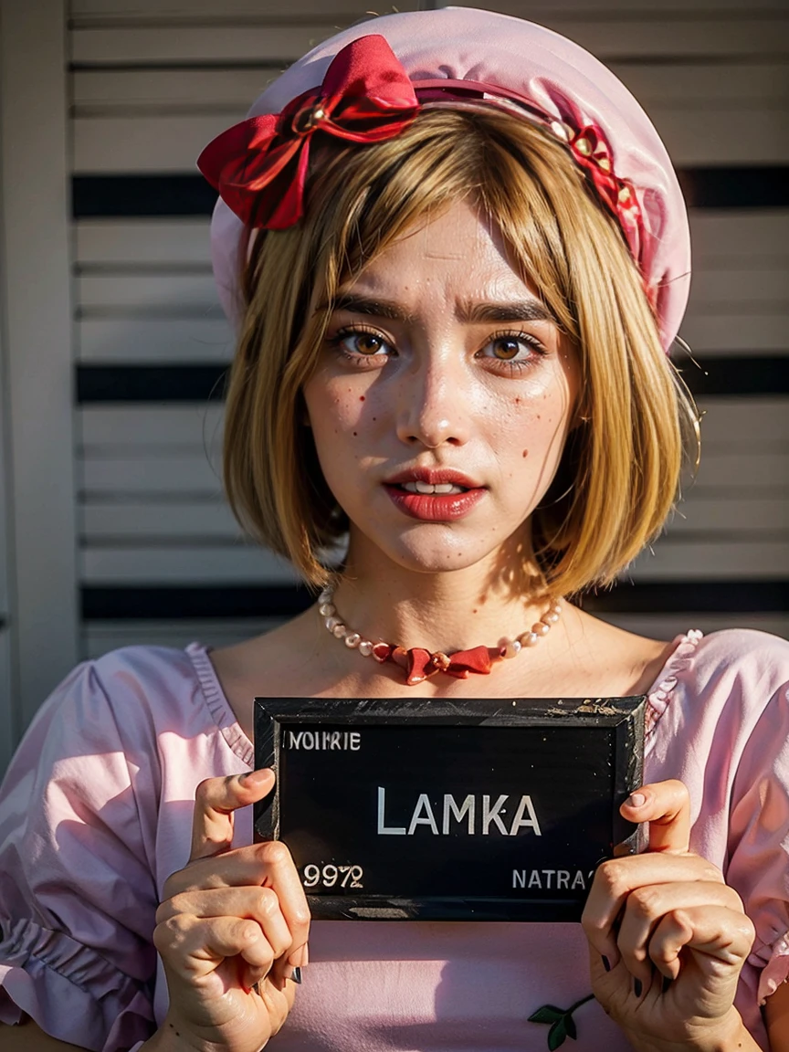 (1 lady), The beautiful, (Best quality at best:1.4), (ultra - detailed), (extremely detailed CG unified 16k), gold blonde hair, very detailed, High-definition RAW color photo, professional photoshooting, amazing face and eyes, cosmetics, (amazingly beautiful girl), ((lambdadelta, tall woman, taller)), ((dress, red bow, pink hat, necklace, gloves, pearl, pumpkin brooch, pink dress)), standing, sexyposture,(look from down), realistic cinematic face, photorealistic, ((realistic natural blonde hair style, honey eyes)), gorgeous, extremely beautiful face, perfect model beauty, pout mouth, crazy smile, burst laughing, cleavages, city girl, (masterpiece), best quality, high resolution, extremely detailed, blurred background, depth of field, cinematic lighting, clear and well-cared skin