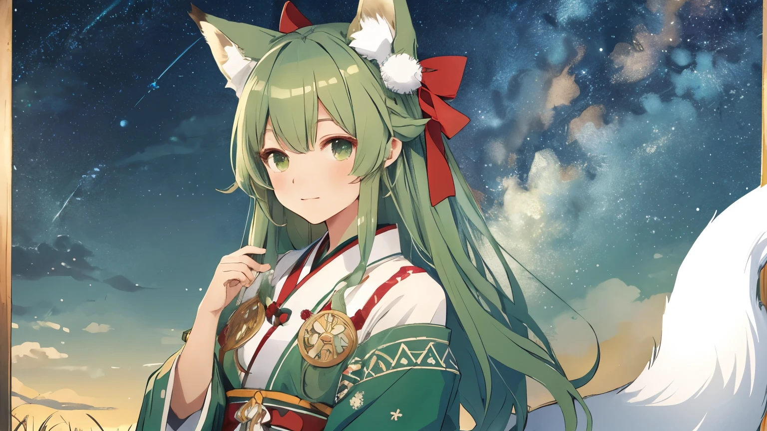((highest quality)), ((masterpiece)), (detailed),Starry Sky, Cute , Ainu traditional clothing, Fox ears, Green twin-tailed hair, Big bell, Big Red Ribbon
