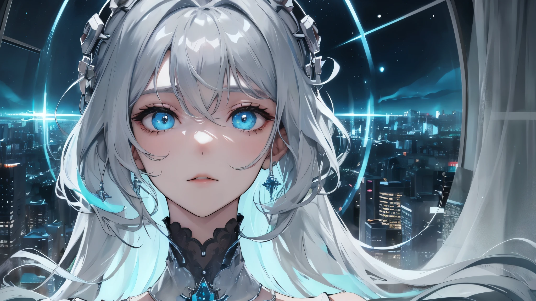 (Masterpiece), Highest Quality, Cyan eyes gleaming with an otherworldly intensity, Light grey hair framing a face etched with expressive lines, Jorhaya, Sitting in a high-rise apartment room with a captivating night sky and cityscape as a view, City lights twinkling in the distance, Window framing the dramatic scene, Highlighting the calm and serene expression on Jorhaya's face. Craving the connection with viewers, cyan orbs reflecting the depth of his soul.