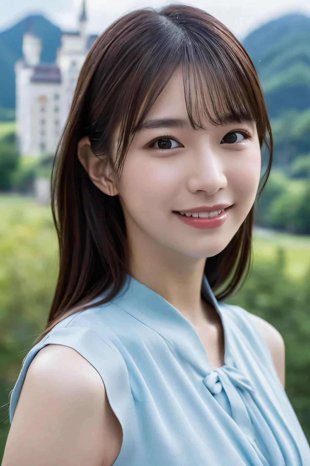 One Girl, (Wear a light blue dress:1.2), (Beautiful Japanese idol portrait photos),
(RAW Photos, highest quality), (Realistic, photo-Realistic:1.4), masterpiece, 8K Portrait,
Very delicate and beautiful, Very detailed, 2k wallpaper, wonderful, In detail, Very detailed CG unity 8k wallpaper, 
Very detailedな, High resolution, 
Soft Light, Beautiful detailed girl, Very detailed eyes and face, Beautiful and sophisticated nose, Beautiful details,
(Commemorative photo with Neuschwanstein Castle in the background:1.3), Cinema Lighting, 
Perfect Anatomy, Slender body, Small breasts, Semi-long hair, bangs, Bokeh, Dynamic Angle, A light smile,