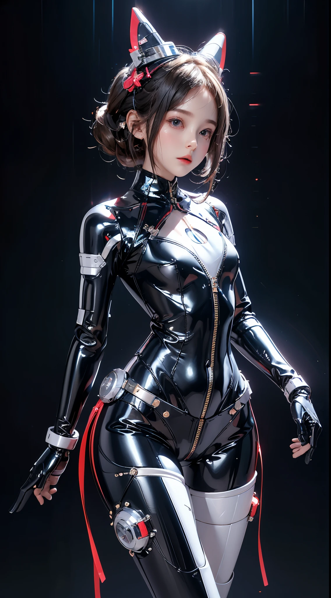 Very cute human 8 year old girl face, doll-like body with robot arm, robot waist and legs, very cute and feminine, short, , small, full hip, medium bust, tight-fitting white armor, cleavage, flat belly visible, helmet with antenna, robot joint, very stylish, Black rubber bodysuit with zipper