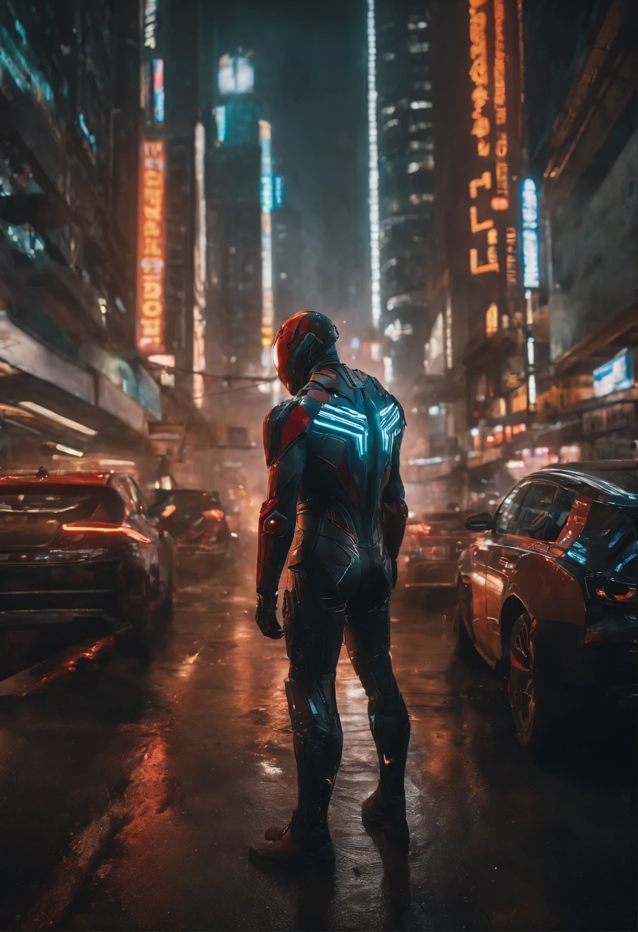 Get ready to witness the merging of the worlds of Spider-Man mixed with green goblin and Cyberpunk in one breathtaking image. Nesta obra-prima visual em 8K, You will be transported to a futuristic and dystopian environment, where the iconic Marvel hero gets a new look. O Homem-Aranha surge em uma paisagem urbana imponente, dominated by gigantic skyscrapers and holographic advertisements that shine brightly. The neon lights reflect off his cybernetic armor, creating a striking contrast between the hero's characteristic red and blue and the oppressive darkness of the environment. Seu traje, remodelado para se adequar ao estilo Cyberpunk, features metallic details and futuristic lines, combining functionality and futuristic aesthetics. The advanced fabric, adornado com circuitos luminosos, it seems to pulsate with electronic energy as Spider-Man prepares to face the challenges of this chaotic world. The surrounding city is full of characteristic elements of the Cyberpunk style, como carros voadores, cyber implan