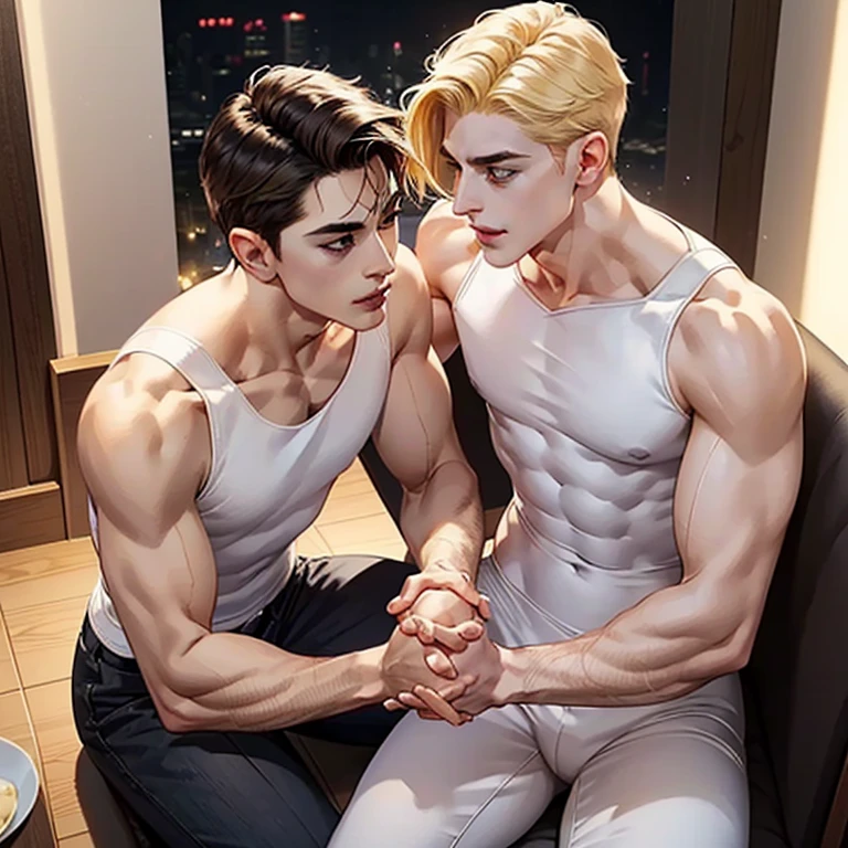 gay、Blonde man and dark-haired man、White、Muscular 、whole body、Sculpture-like、Back view、Sit down、smile、Gazing at each other、Holding hands、hug、like、Movie stills、painful、evening、beautiful、Painting、Looking down from above