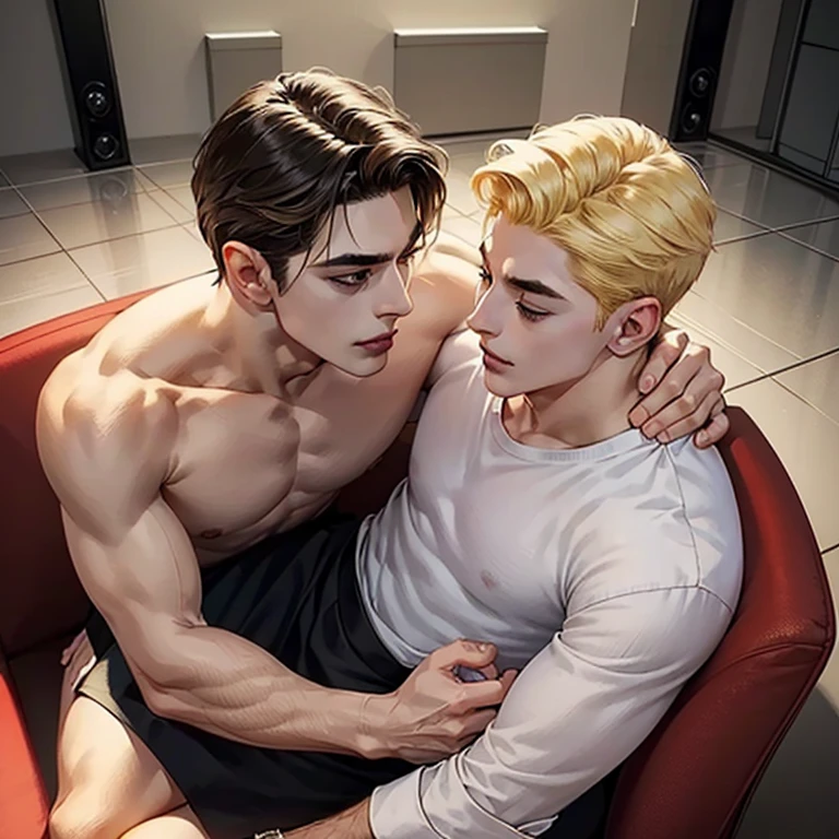 gay、Blonde man and dark-haired man、White、Muscular 、whole body、Sculpture-like、Back view、Sit down、smile、Gazing at each other、Holding hands、hug、like、Movie stills、painful、evening、beautiful、Painting、Looking down from above