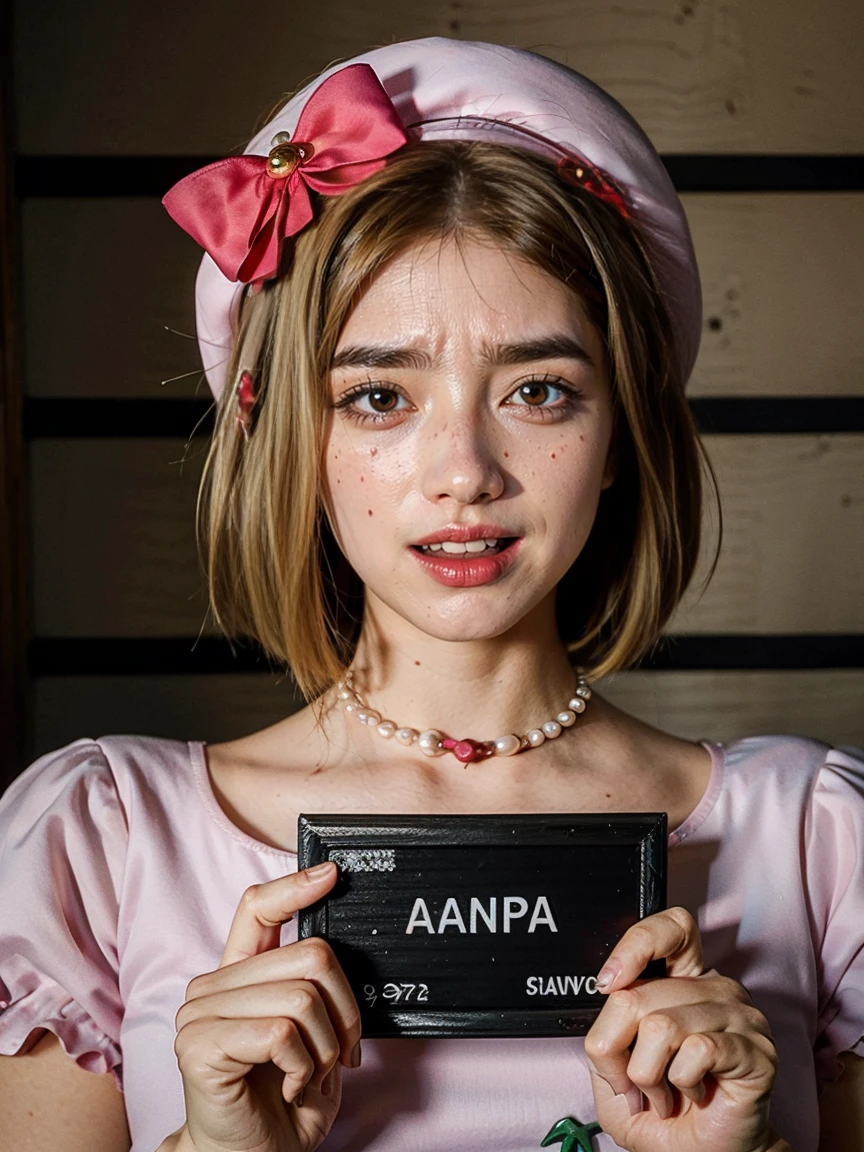 (1 lady), The beautiful, (Best quality at best:1.4), (ultra - detailed), (extremely detailed CG unified 16k), gold blonde hair, very detailed, High-definition RAW color photo, professional photoshooting, amazing face and eyes, cosmetics, (amazingly beautiful girl), ((lambdadelta, tall woman, taller)), ((dress, red bow, pink hat, necklace, gloves, pearl, pumpkin brooch, pink dress)), standing, sexyposture,(look from down), realistic cinematic face, photorealistic, ((realistic natural blonde hair style, honey eyes)), gorgeous, extremely beautiful face, perfect model beauty, pout mouth, crazy smile, burst laughing, cleavages, city girl, (masterpiece), best quality, high resolution, extremely detailed, blurred background, depth of field, cinematic lighting, clear and well-cared skin