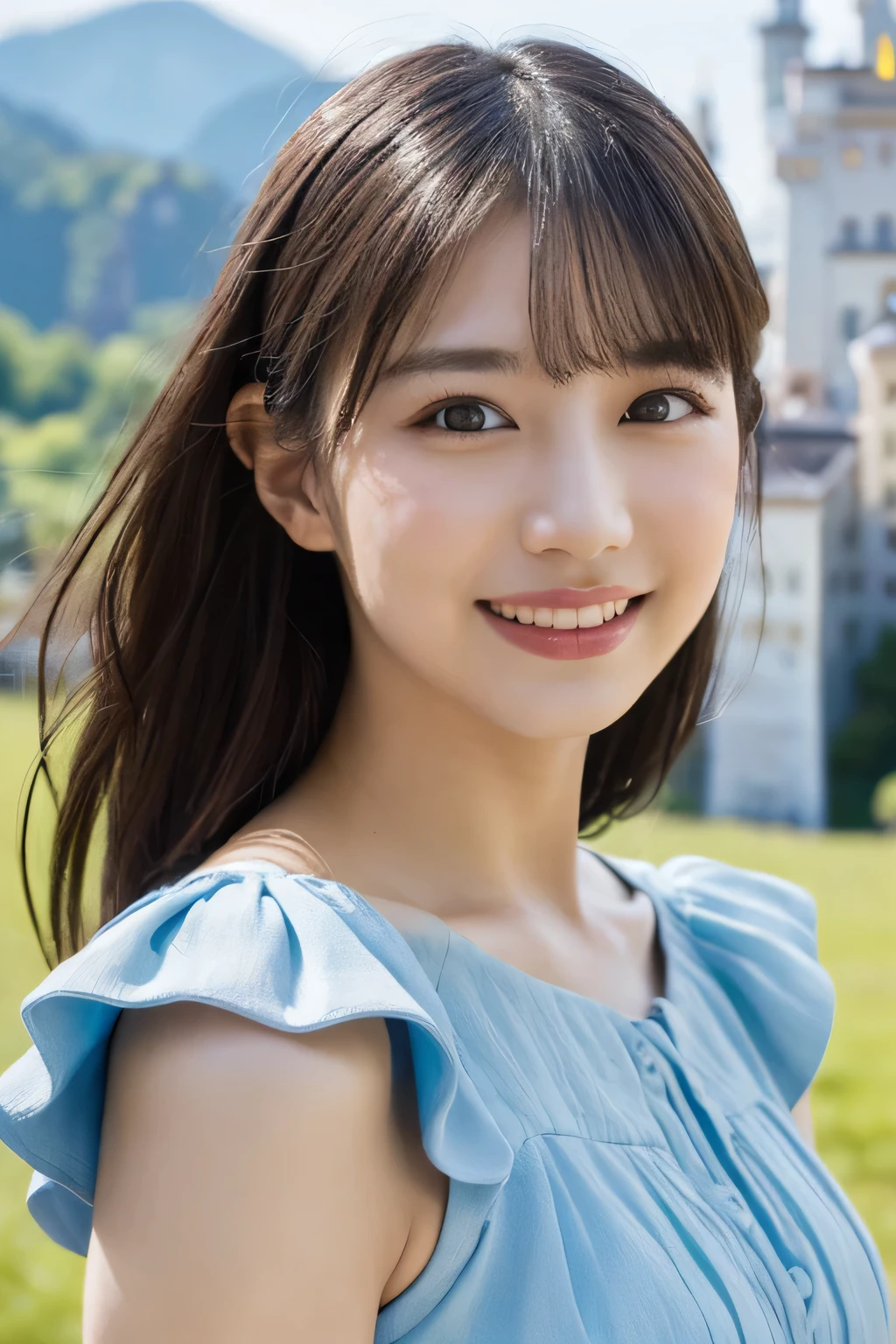 One Girl, (Wear a light blue dress:1.2), (Beautiful Japanese idol portrait photos),
(RAW Photos, highest quality), (Realistic, photo-Realistic:1.4), masterpiece, 8K Portrait,
Very delicate and beautiful, Very detailed, 2k wallpaper, wonderful, In detail, Very detailed CG unity 8k wallpaper, 
Very detailedな, High resolution, 
Soft Light, Beautiful detailed girl, Very detailed eyes and face, Beautiful and sophisticated nose, Beautiful details,
(Commemorative photo with Neuschwanstein Castle in the background:1.3), Cinema Lighting, 
Perfect Anatomy, Slender body, Small breasts, Semi-long hair, bangs, Bokeh, Dynamic Angle, A light smile,