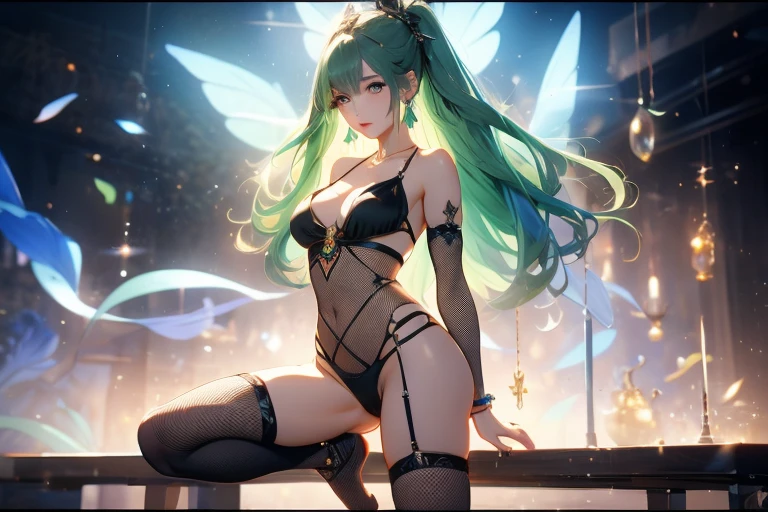 (butt), (bedroom), (Sexy Girls), masterpiece, best quality, 1 Girl, Bangs, blush, breast, clavicle, Ear piercing, Eyebrows visible through hair, (Gradient green hair), jewelry, Long hair, Looking at the audience, Bright Eyes, ring, (Solitary), illustration, fashionable, Miss, Strike a pose, background, element, confident, Express, Accessories, majestic, striking, Key Points, Dynamic poses, ((Skinny)), (Fishnet socks))