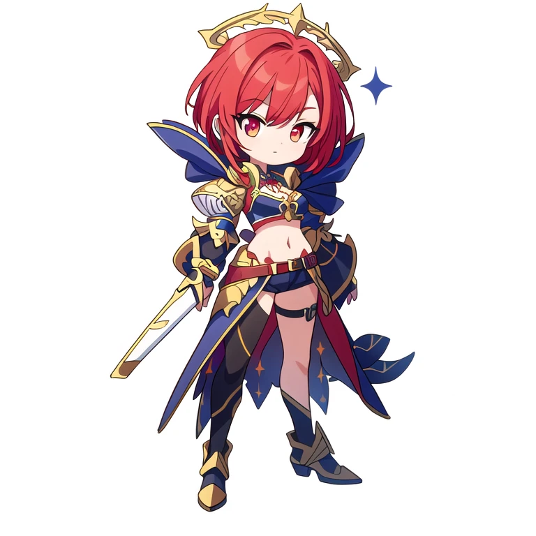 (((Best Quality))) , ((full body)), An adult female, reference sheet, solo, (white background), high fantasy outfits, midriff, knights of zodiac girl, red hair,
