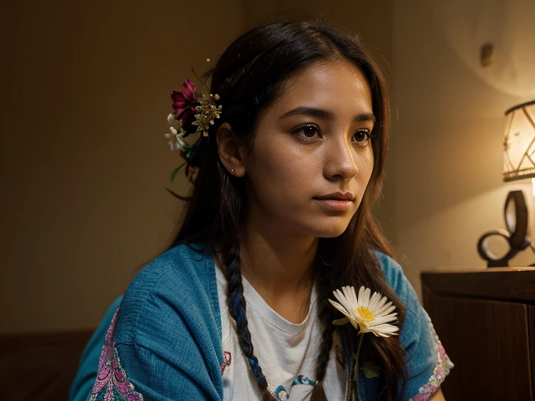 Un Inka joven y apuesto, mirando a una flor brillante y hermosa.
