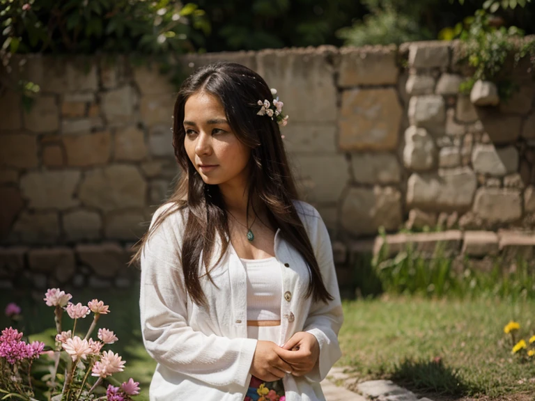Un Inka joven y apuesto, mirando a una flor brillante y hermosa.