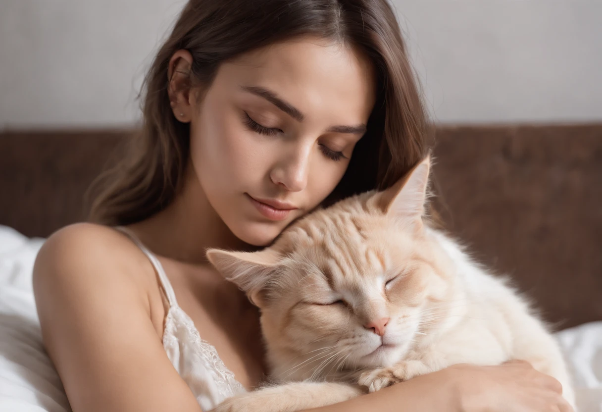 a tan woman dressed in a deep V-neck cami top, sleeping on bed holding a cat on her stomach, 80s style, high-quality photo