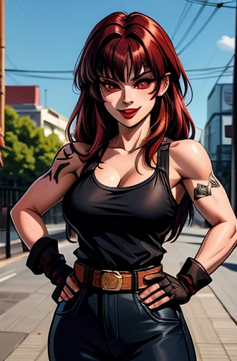 revy, arm tattoo, masterpiece, best quality, absurdres, 1woman, 28-year-old, looking at viewer, standing, outdoors, street, hands on hips, teeth, grin, fang, cowboy shot fingerless gloves, belt, long black hair, red lips, bangs, red eyes, muscular