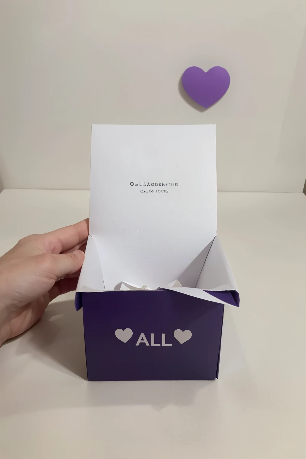 deixe o fundo totalmente branco, just with the small paper and black box with purple hearts on the box. melhore a qualidade